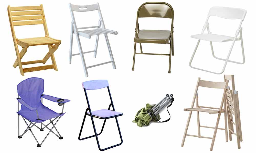 Different Types of Folding Chairs on a white background: Plastic, Metal, Wood, Resin, Mesh, Padded, and Camping.