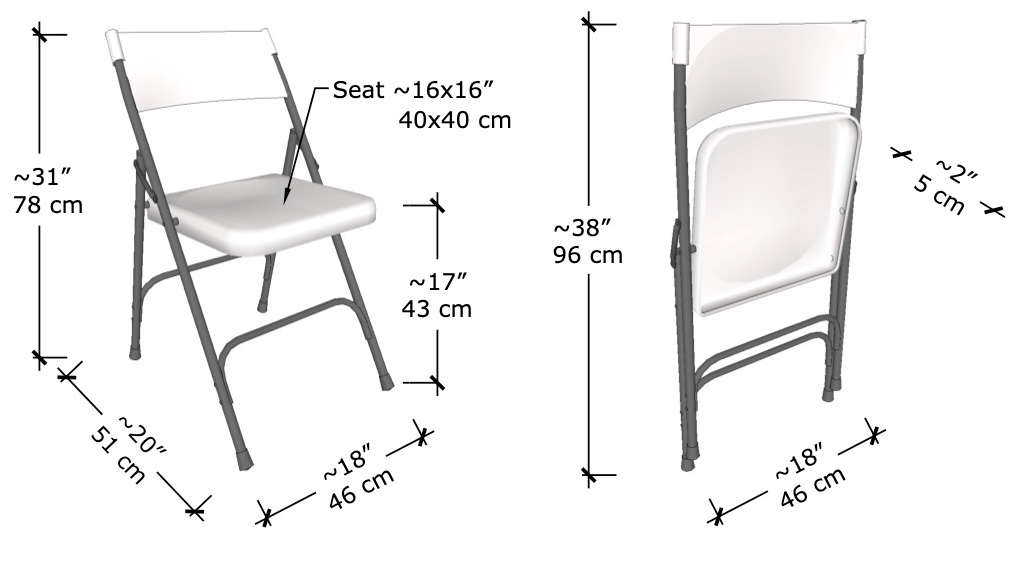 Typical standard dimensions of folding chair both open and folded