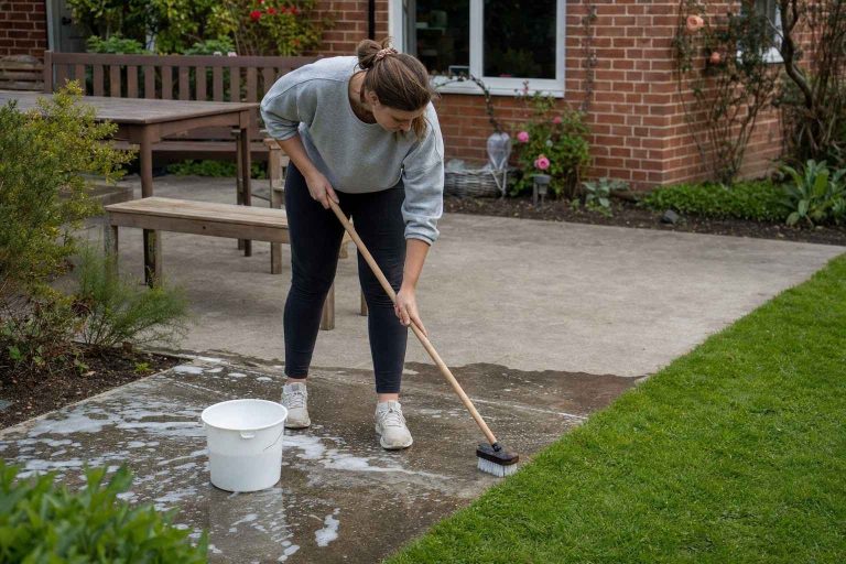 Scrubbing a concrete patio with a brush next to a green lawn edge