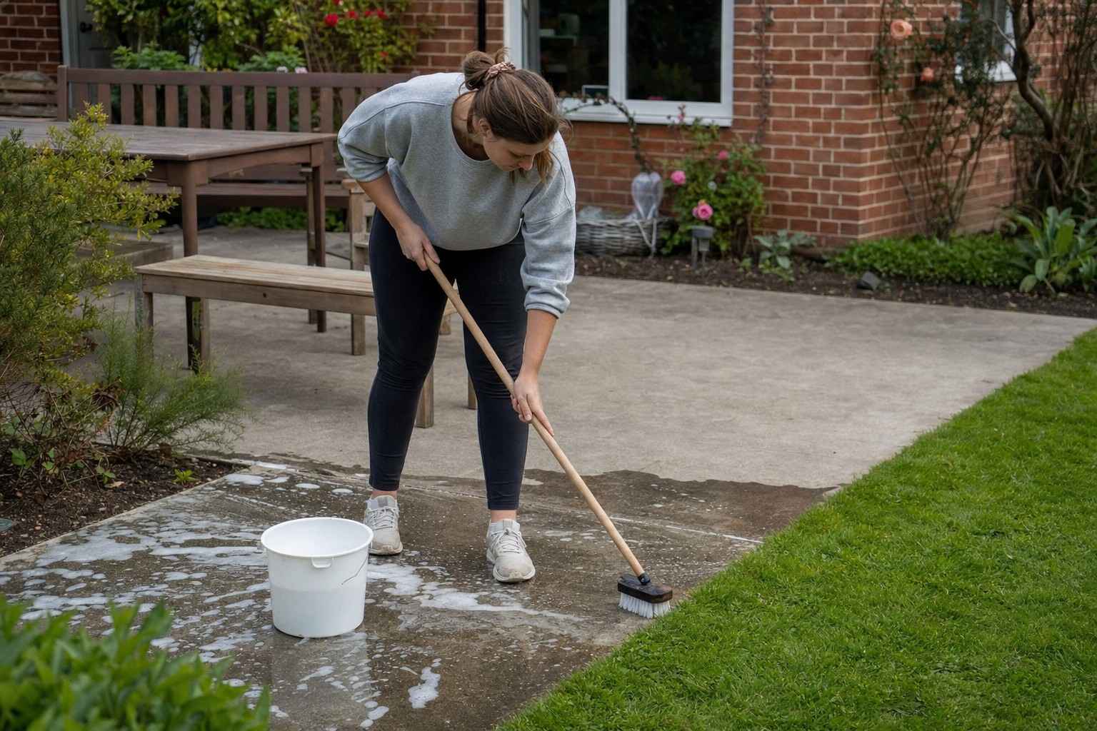 Scrubbing a concrete patio with a brush next to a green lawn edge