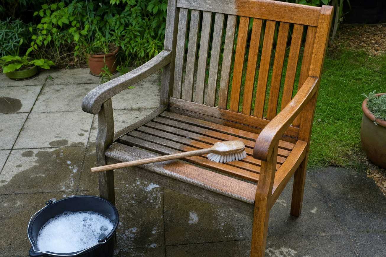 A weathered teak outdoor chair being scrubbed with a soft brush and soapy water