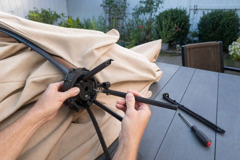 Hands repairing the rib and hub mechanism of a partly open patio umbrella