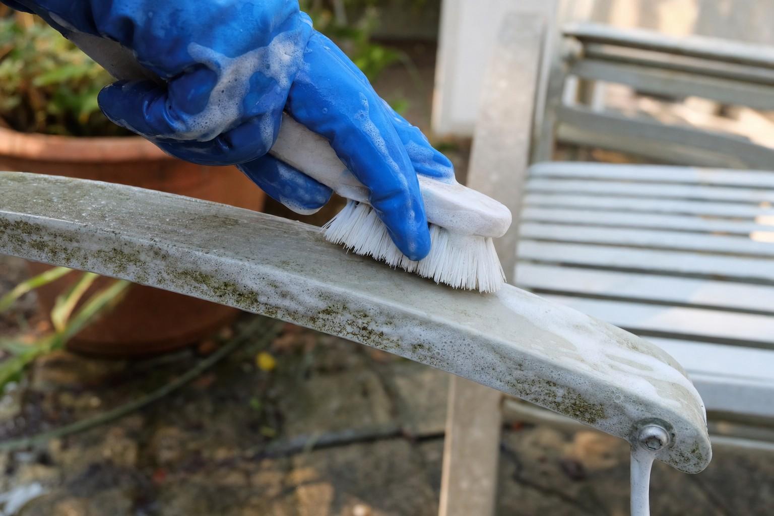 A gloved hand scrubbing mold off outdoor furniture with a brush