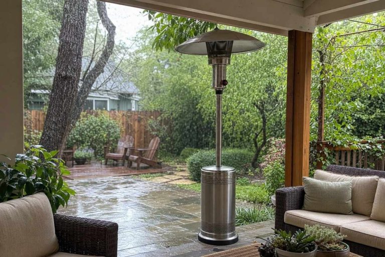 A standing patio heater on a covered patio during light rain
