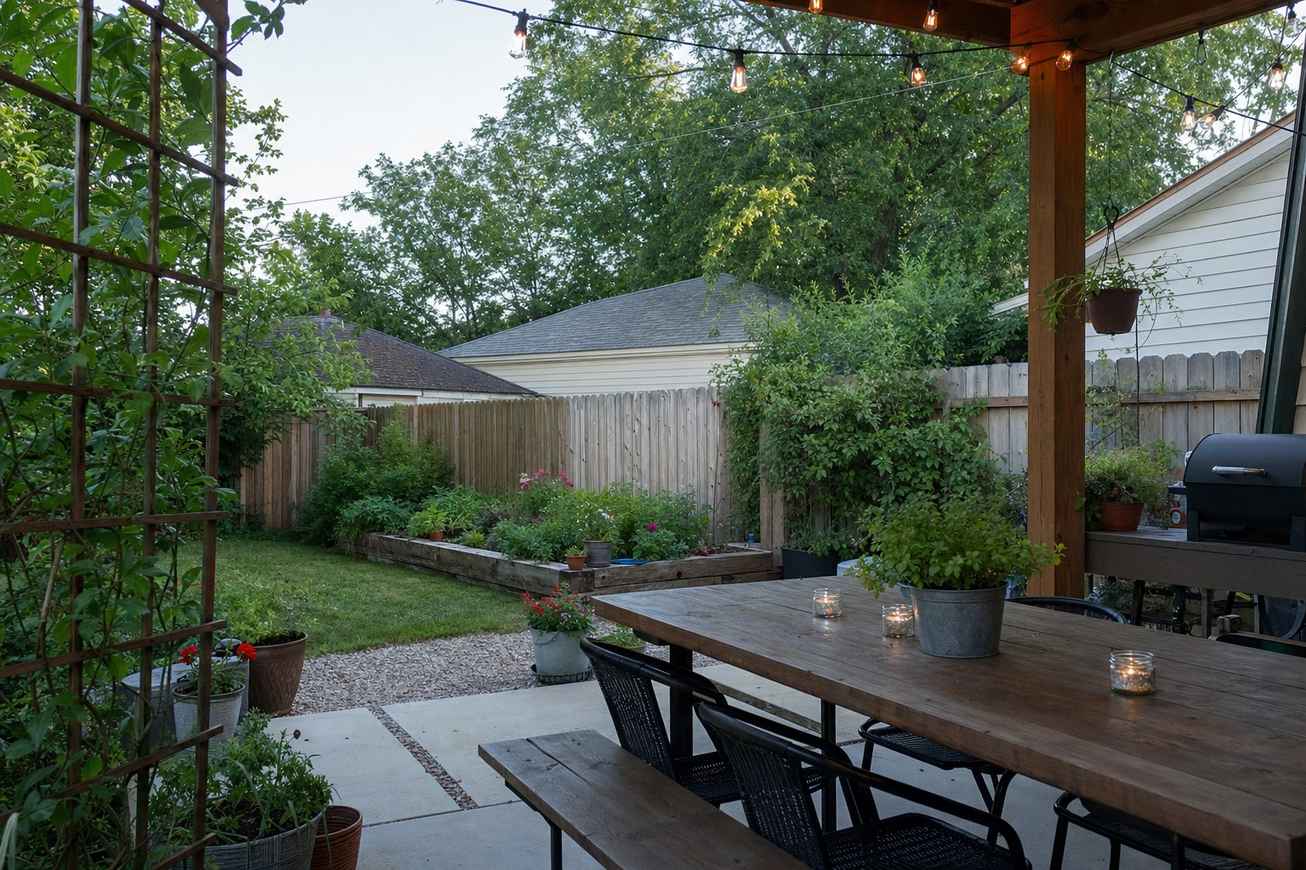 A backyard patio decorated for a casual party with string lights and a set table