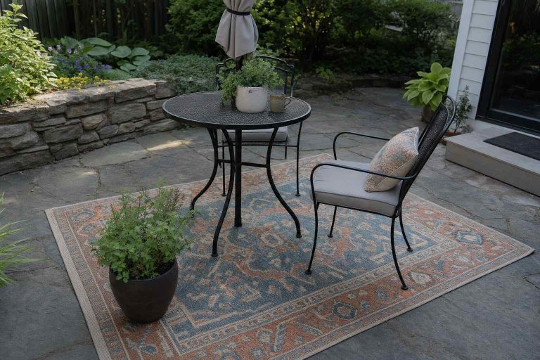 A patterned outdoor rug laid on a patio under an outdoor table and chairs