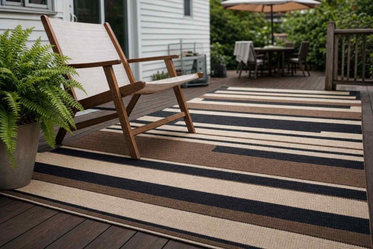 A striped flat-weave outdoor rug on a wooden deck beside a lounge chair