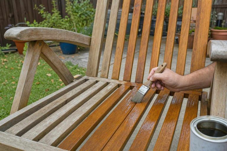 A brush applying waterproofing oil sealant to a wooden outdoor chair