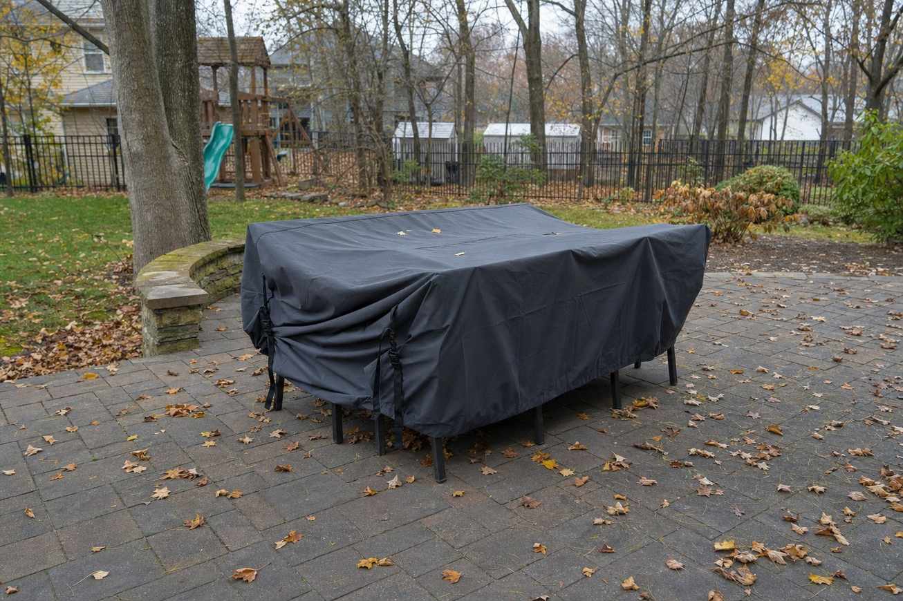 Patio dining furniture protected under a fitted waterproof cover on a late autumn morning