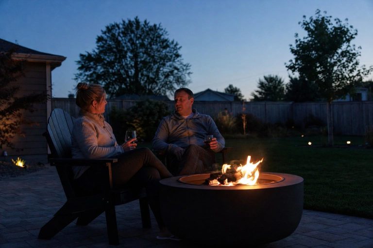 Two people sitting by a burning backyard fire pit at dusk on a paver patio