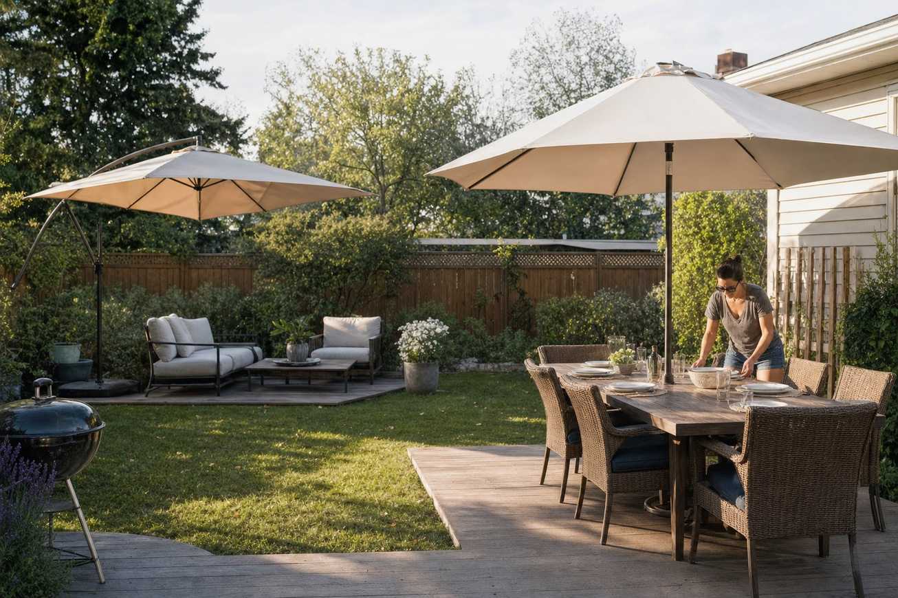 A backyard with an offset umbrella shading a lounge corner and a market umbrella standing through a dining table