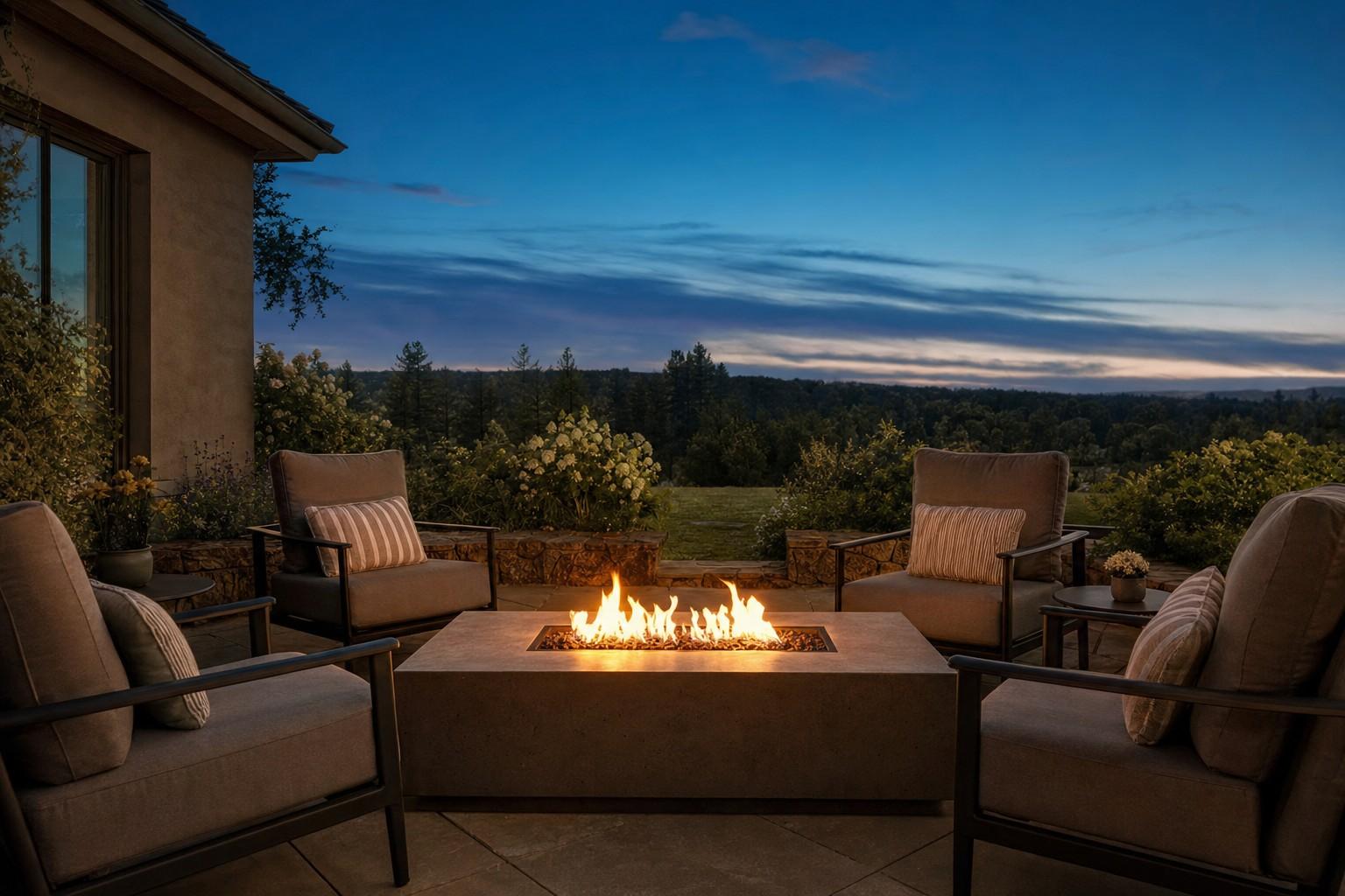 A fire pit table with a burning flame at the center of a patio conversation set