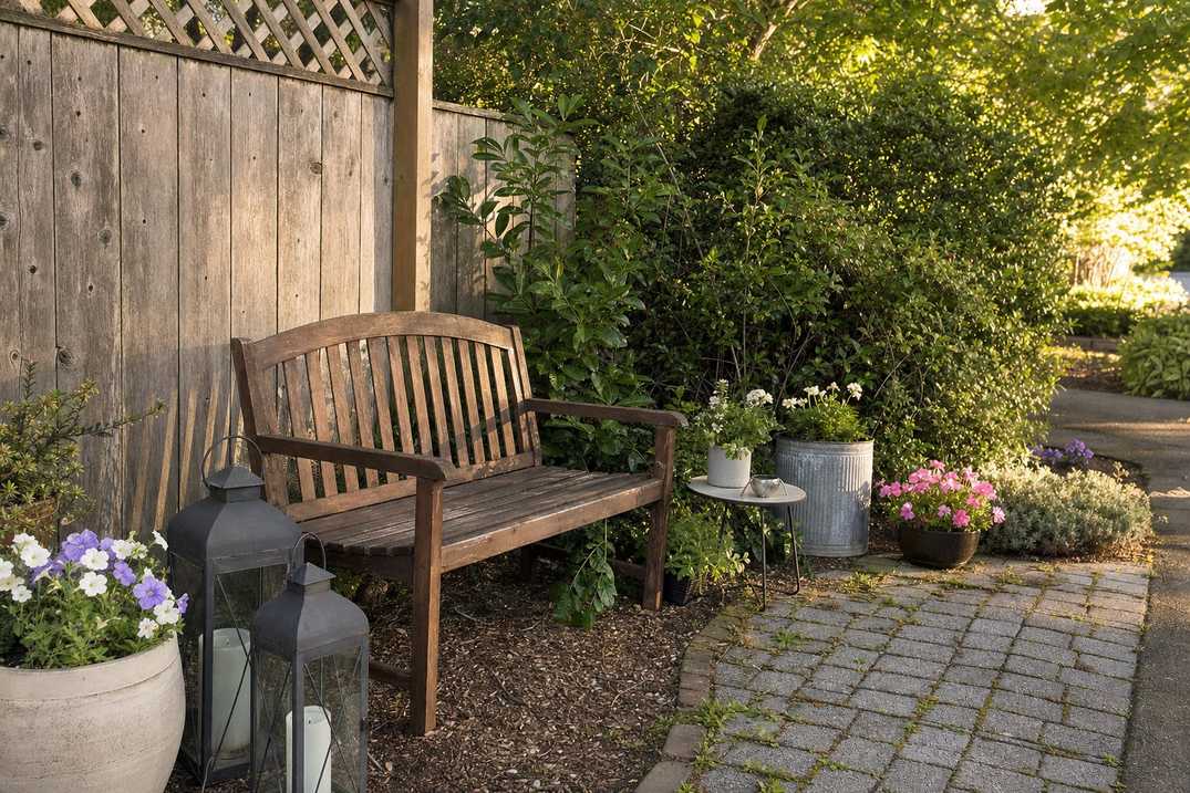 A decorated backyard corner with lanterns, planters and a garden bench