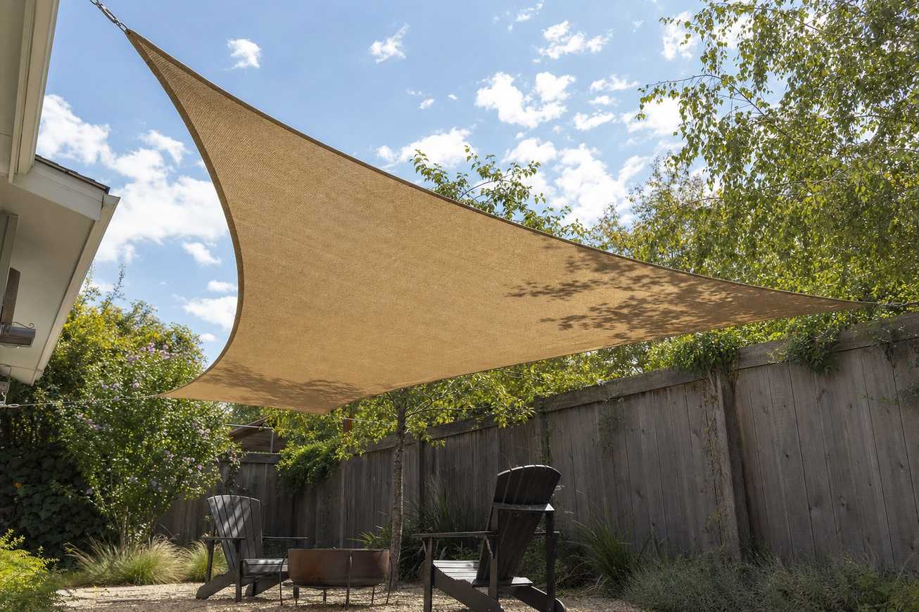 A triangular shade sail stretched over a backyard seating area