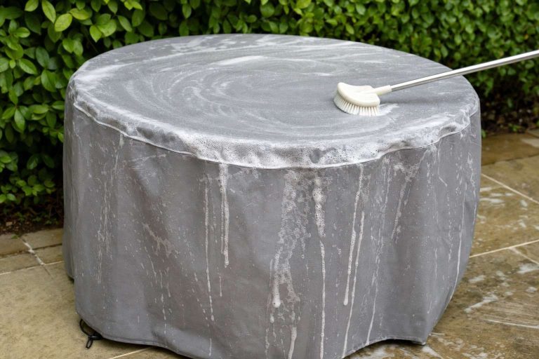 A patio furniture cover draped over a table being scrubbed with a soft brush