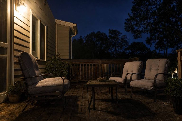 Patio chairs with cushions outside at night under a porch light