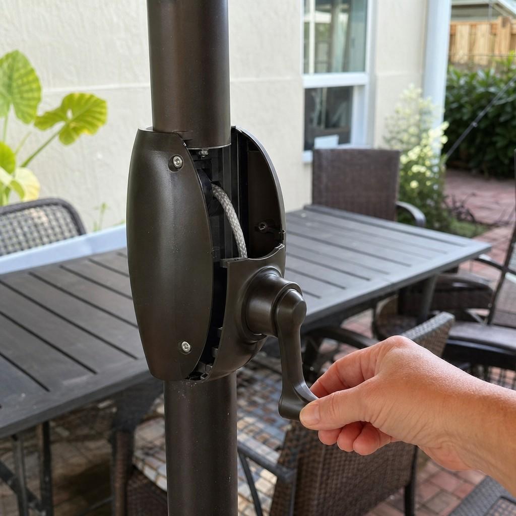 A hand testing the crank handle on a patio umbrella pole