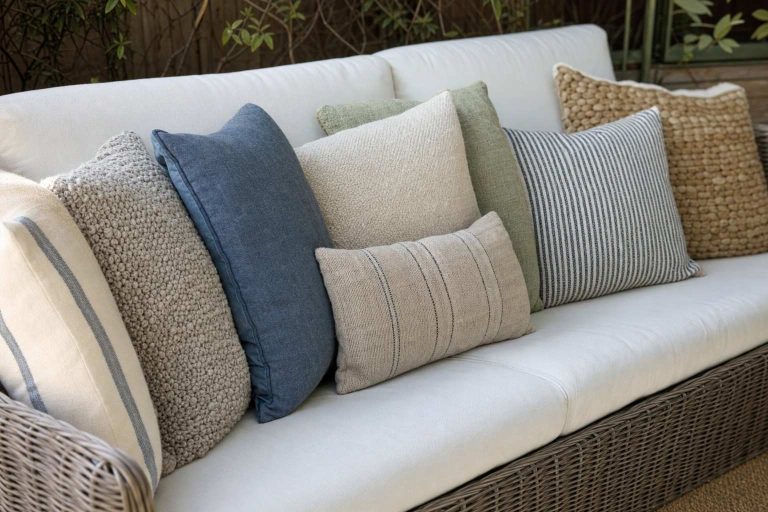 Assorted outdoor cushions in different fabrics arranged on a wicker sofa