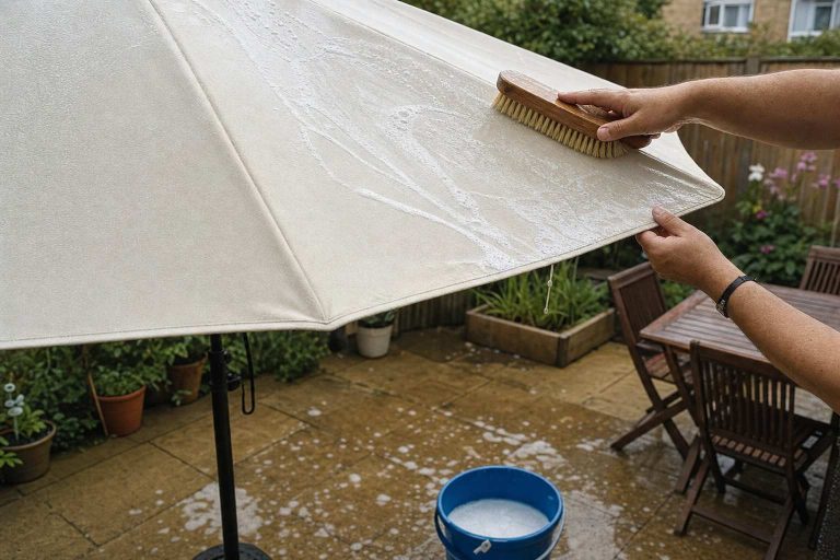 Scrubbing an open patio umbrella canopy with a soft brush and soapy water