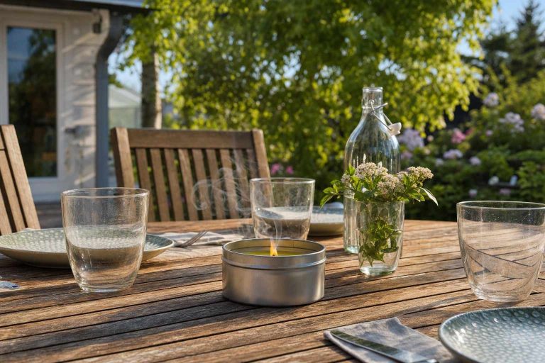 A citronella candle burning on a set patio dining table in summer