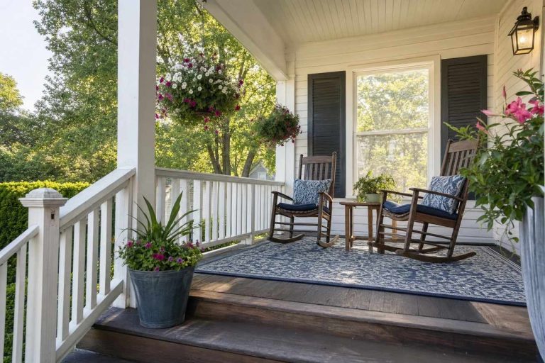 A front porch seating area anchored by a large outdoor rug