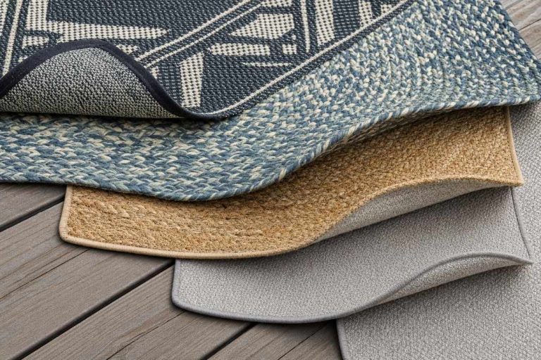 Folded corners of several outdoor rugs stacked to show their weave textures