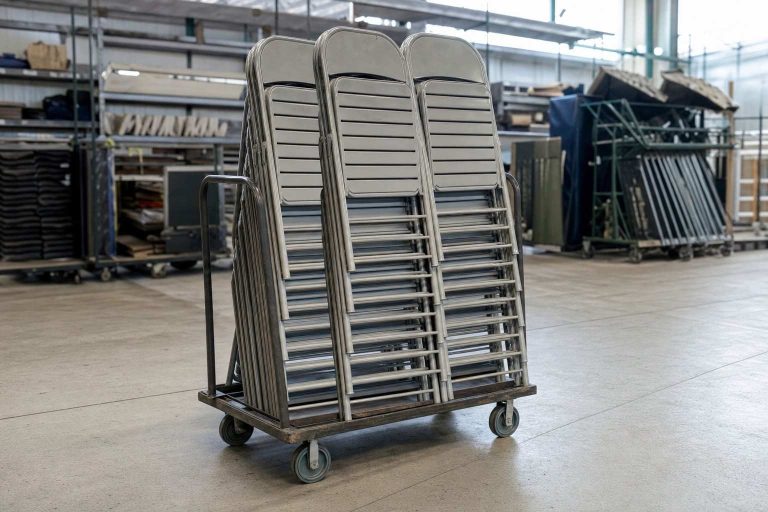 Stacks of folding chairs loaded on a transport dolly in a rental warehouse