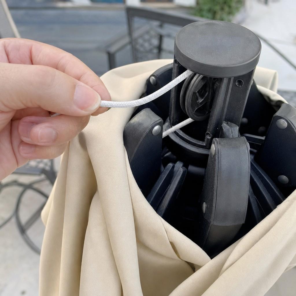 Fingers feeding new cord through the pulley at the umbrella hub