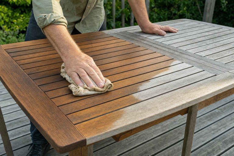 Hands rubbing oil into a teak outdoor table with a cloth